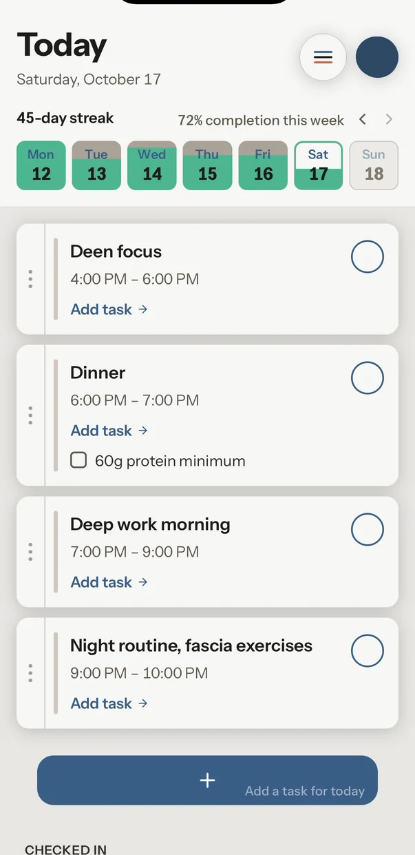Today screen with deep work now scheduled 7:00 to 9:00 PM