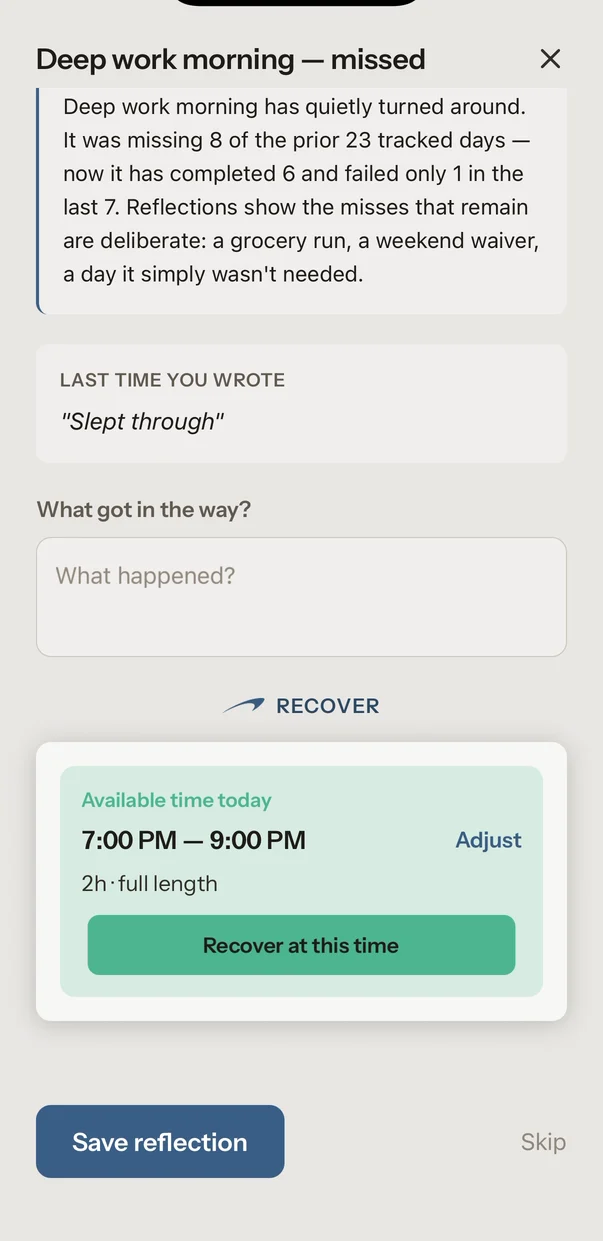 Missed deep work screen offering the time still available today, 7:00 to 9:00 PM, at full length